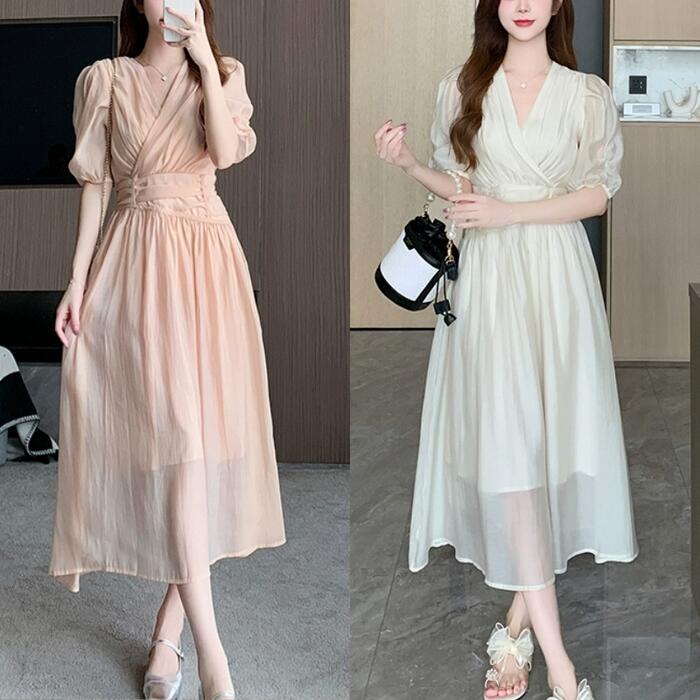 ワンピース ドレス 袖あり レディース エレガント きれいめ カジュアル ミモレ丈 ロングワンピ 大人 可愛い 五分袖 フェミニン カシュクール Vネック パーティー フォーマル セレモニー 二次会