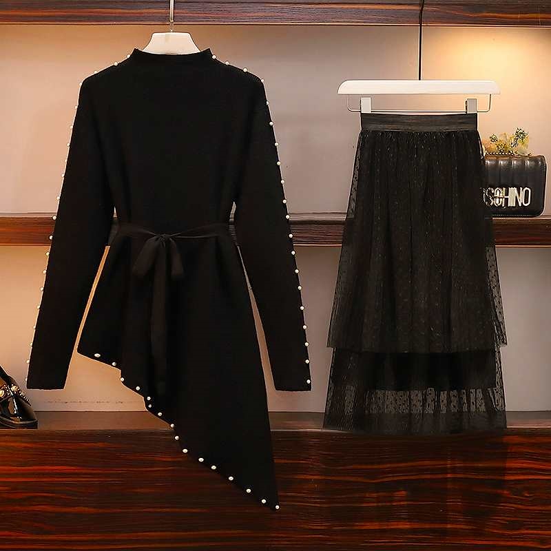 送料無料ワンピース チュールスカート 2枚セット大きいサイズ レディース 秋冬 結婚式 タイト フォーマル 大人 上品 チュニック one-piece