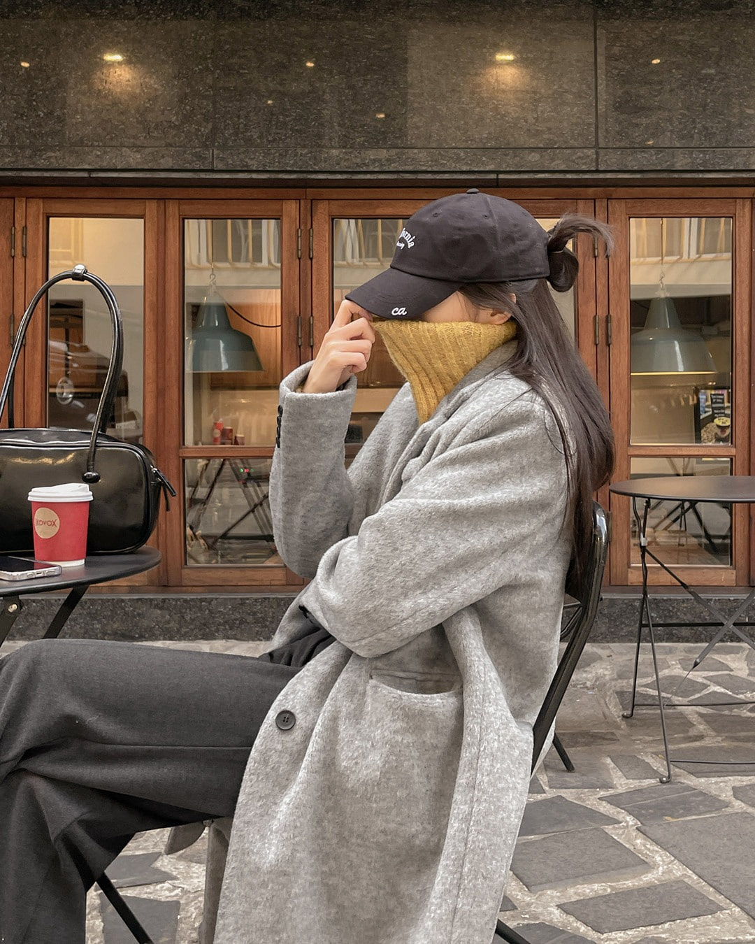 キルティング裏地付きウールロングコート韓国ファッション レディース