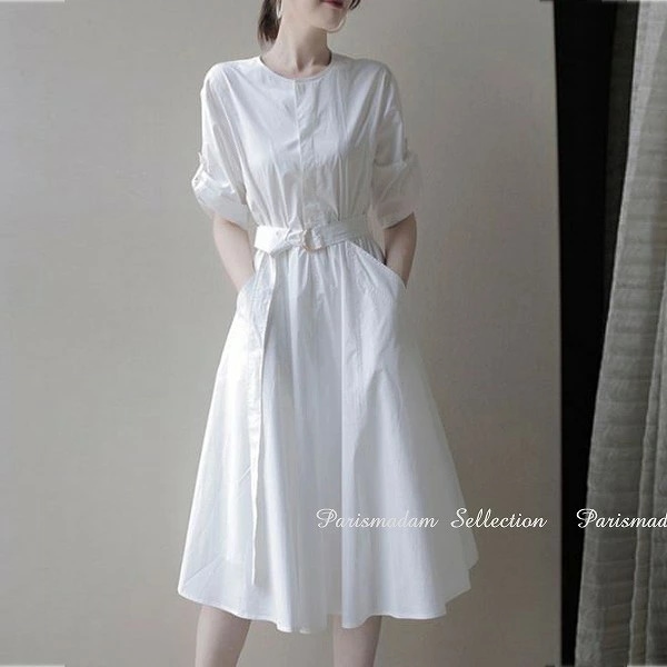 【新作】ホワイトワンピース　ミモレ丈ギャザースカート　お嬢様スタイル　ダブルポケット　5分袖　白色 女子会細く見える通勤通学20代30代40代50代60代