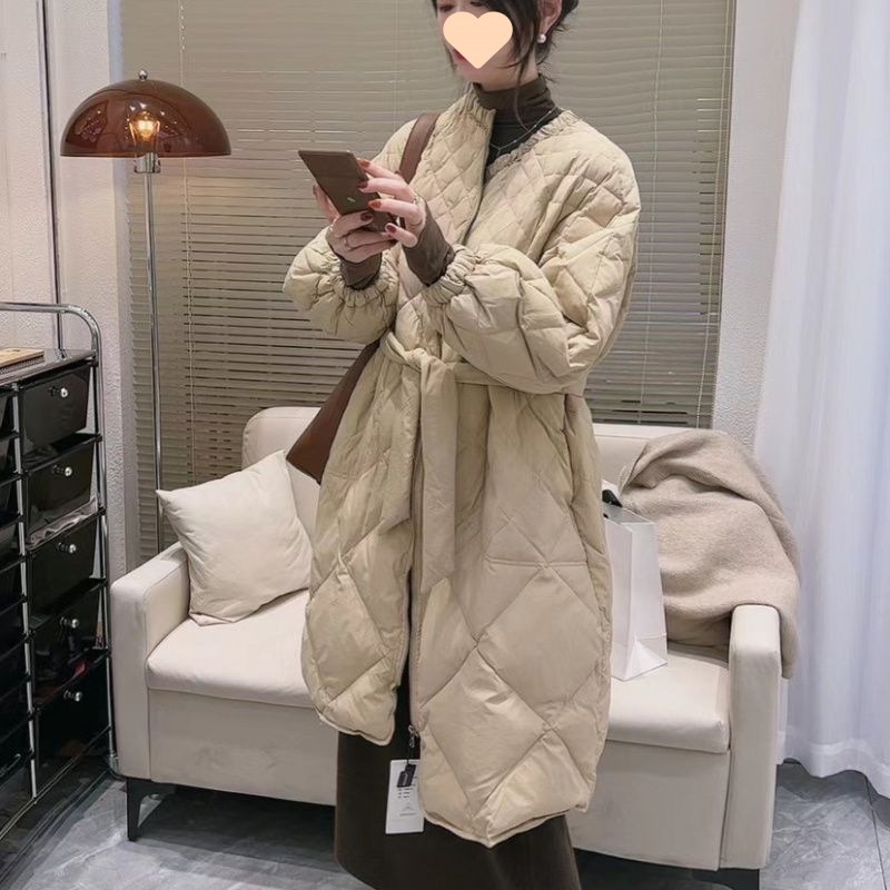 ダイヤモンド柄の韓国風ダウンジャケットミドル丈ニッチなデザインハイエンド優しいスタイルカジュアル厚手の冬用コート