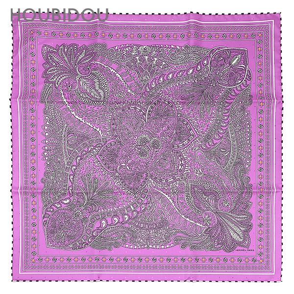 エルメス スカーフ カレ55 シルク シクラメン×ホワイト×ブラック 【Le Jardin de la Maharani /マハラニの庭】 【箱】【中古】