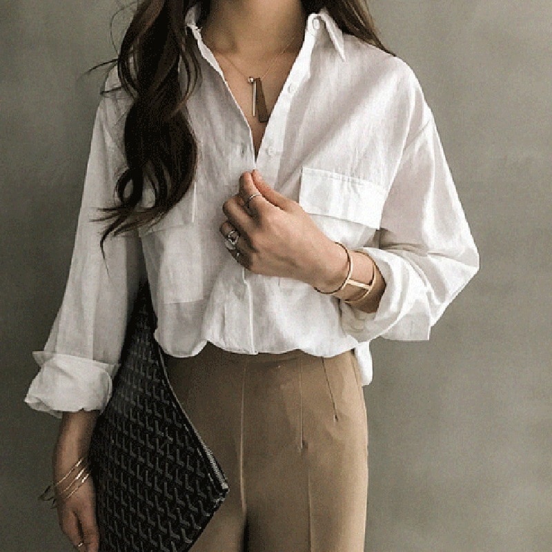 シャツ レディース 長袖 ルーズ ドロップショルダー 襟付き ポケット 薄手 ゆったり ラフ シンプル カジュアル 普段使い オフィス コーデ ママ かっこいい 旅行 白 黒 S M L XL 2XL