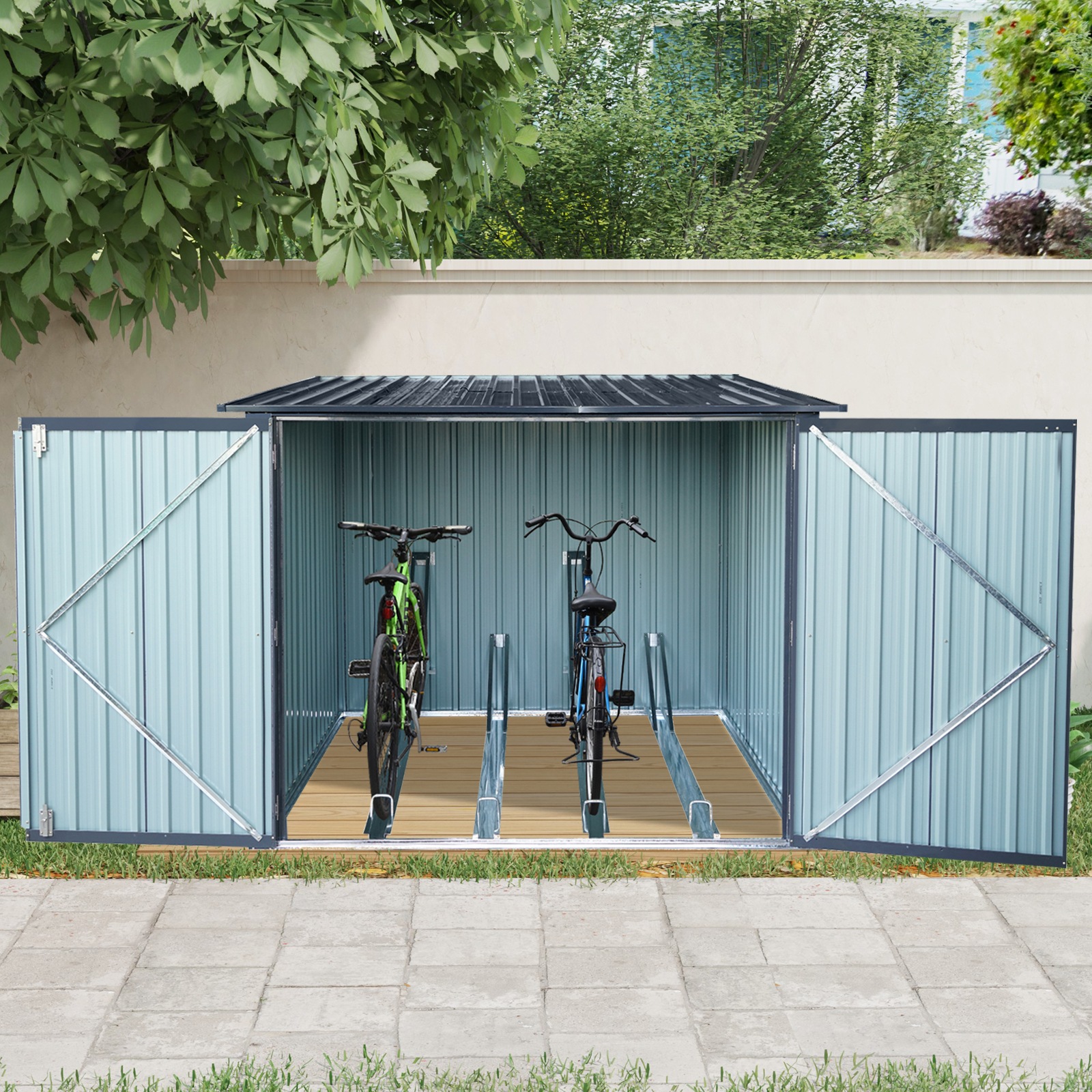 [国内即発送]物置 屋外 戸外収納庫 自転車 大容量 スチール 両開きドア 施錠可能 防さび ベランダ 防水 ガーデニング 庭