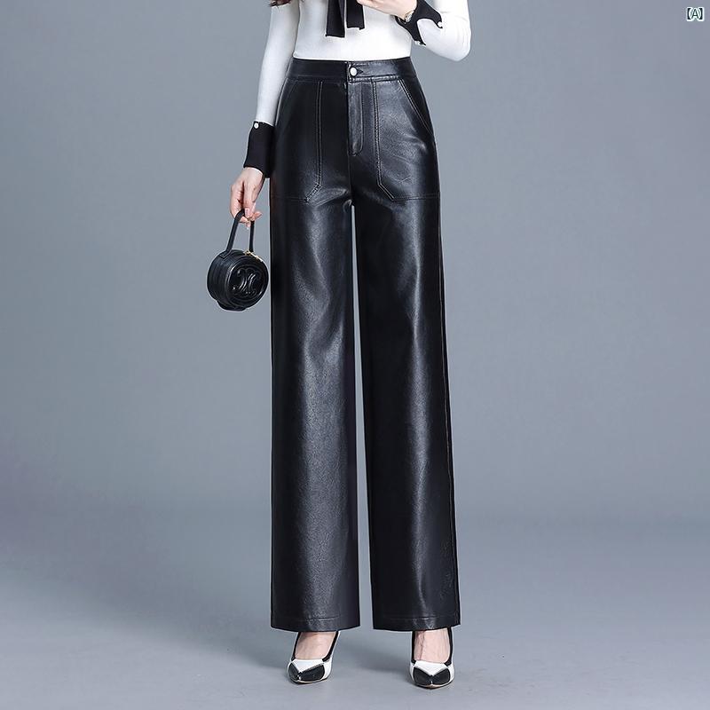 裾細 パンツ レディースパンツ 秋冬 韓国 ハイウエスト ブラック 革 ストレート レッグ カジュアル