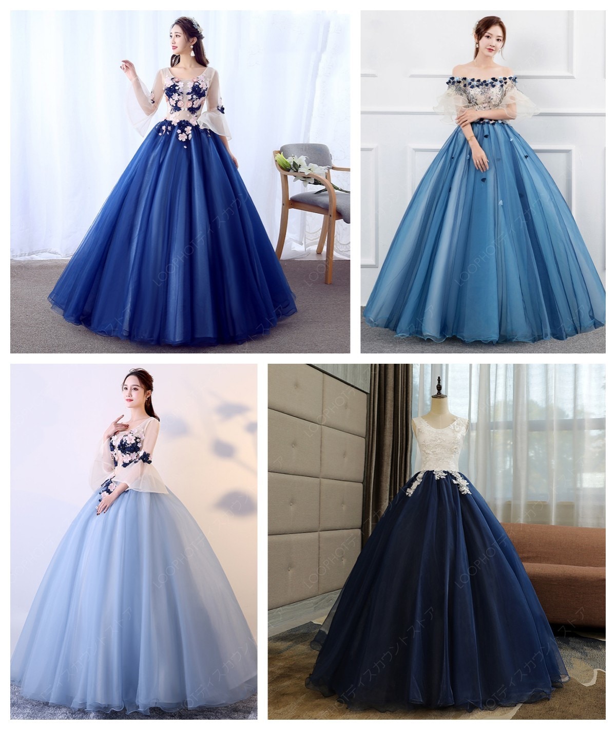 カラードレス ロングドレス 演奏会 イブニングドレス プリンセスライン ステージ 舞台衣装 発表会 コンサート コンクール 大人 青 ブルー ネイビー 袖付き 花-43