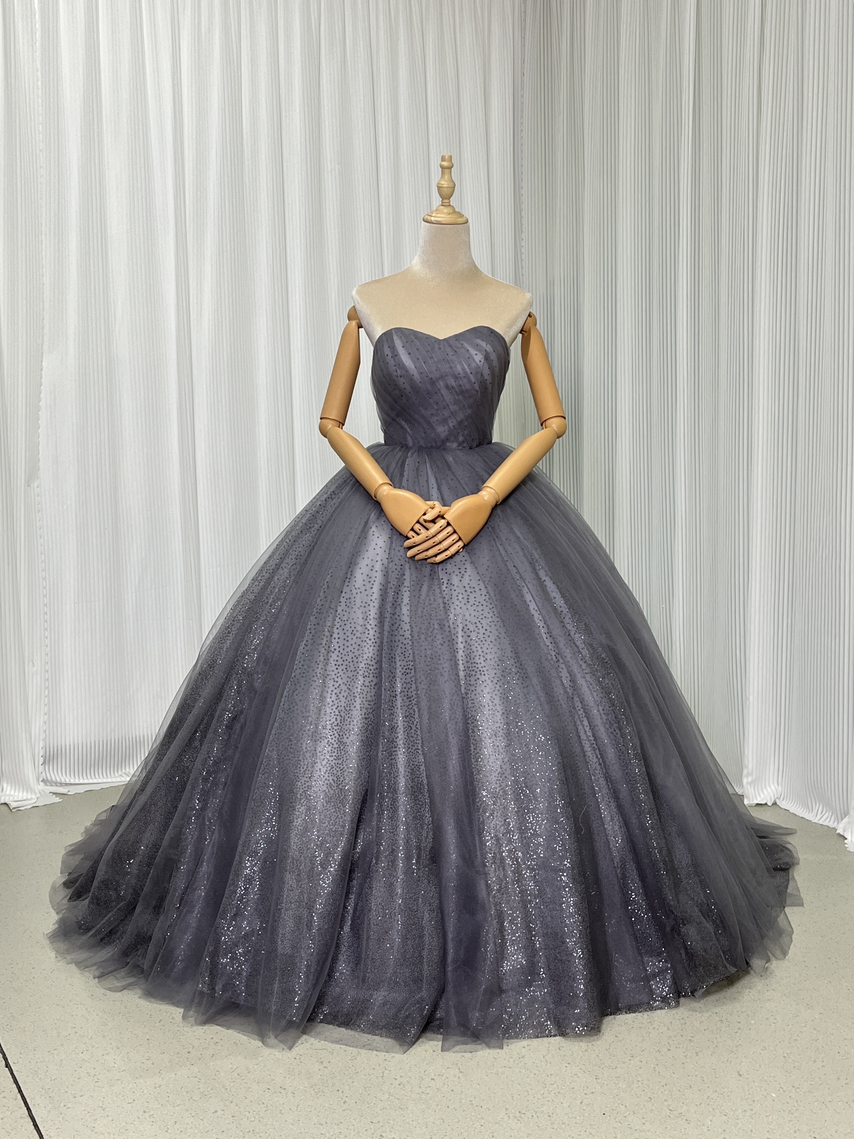 カラードレス ネイビー キラキラチュール ベアトップ プリンセスライン 編み上げ 披露宴