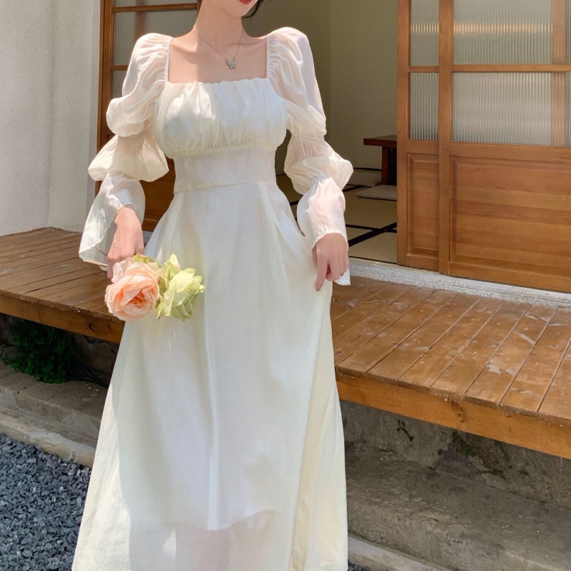 スクエアネックドレス薄手の2025初春ミドル丈シックスカートハイエンドセンス 母の日-0009601