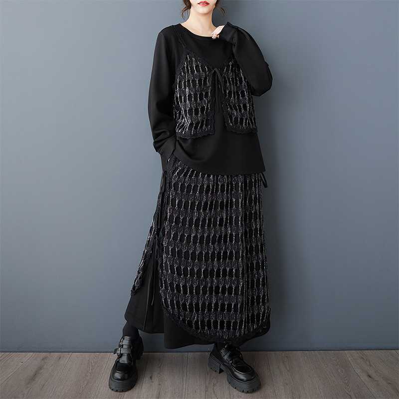 「ファットガール」 上下セット シルバーチェック柄 ドッキング 大きいサイズ 体型カバー レディース 格子 スカート セットアップ メガ割