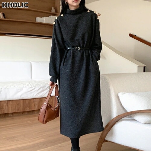 ボタンタートルネックポケットロングワンピースベルト付・1951445