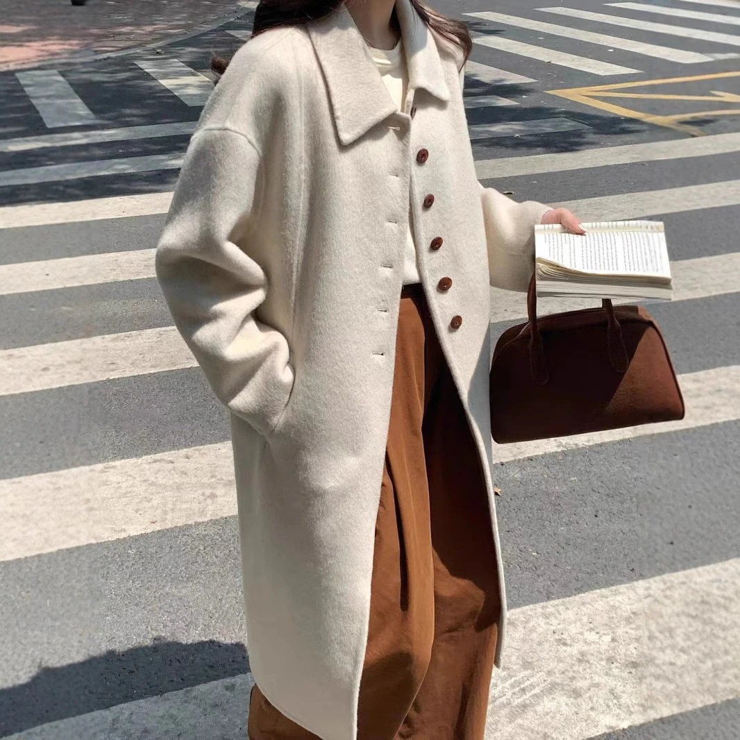 秋と冬の新しいレディース両面ウールコート文学気質ロングセクションラペルツイードジャケットファッションツイード