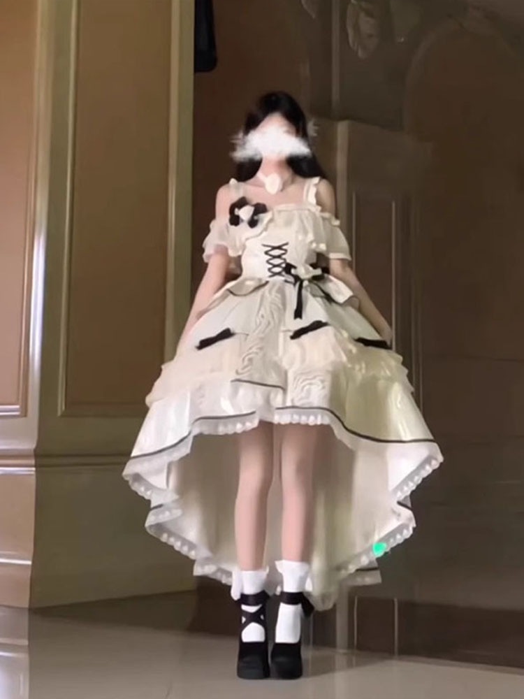 キャミソールワンピース黒と白の前が短く後ろが長いロリータ雰囲気エレガントな気質重工業誕生プレゼントロリータプリンセスドレス