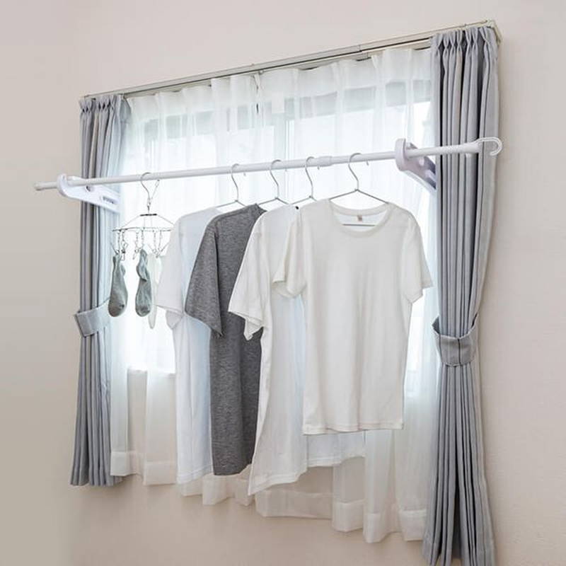 突っ張り物干し 室内 腰高窓 出窓 室内用 つっぱり式窓枠ものほし 高さ90～150cm 専用伸縮竿1本付き