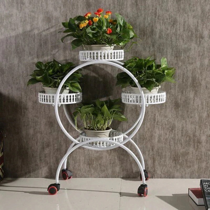 【急速出荷!】フラワースタンド 3段 フラワーラック 4トレイ 丸形 花台 アイアン 室内 庭 キャスター付き おしゃれ かわいい インテリア プレゼント