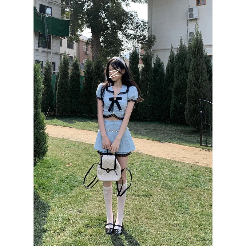 制服 2023 新作 レディース 韓国 ブルー 2点セット 2023 夏 新作 トップス+スカートサンタコスプレ