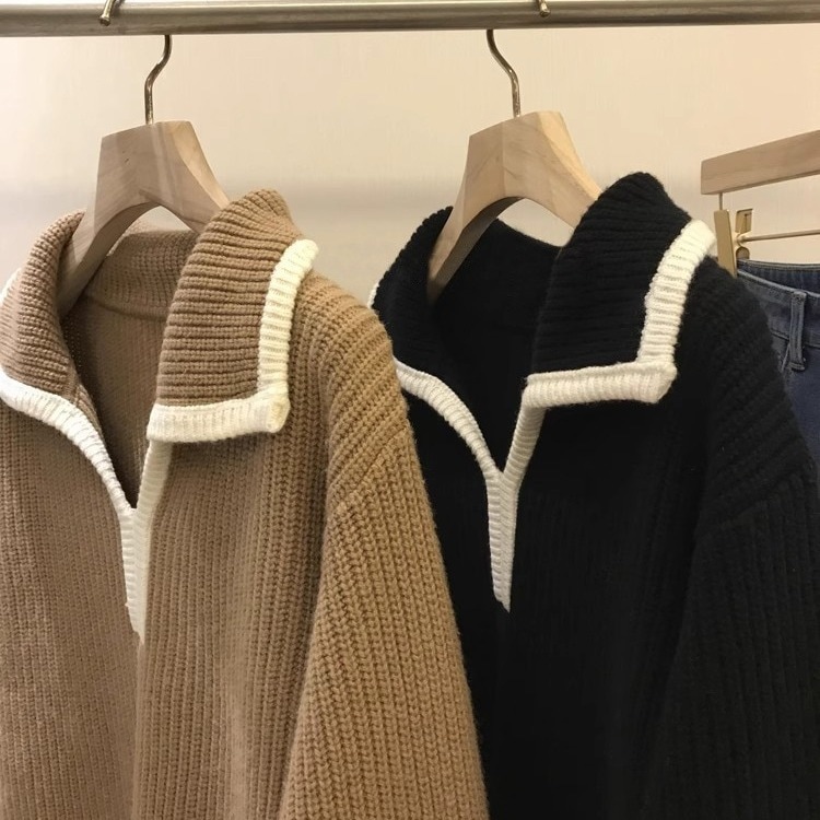 店主は彼を怒って押しました彼の上半身はとても穏やかでした！怠zyなスタイルコントラストレトロポロカラールーズプルオーバーウールセーター