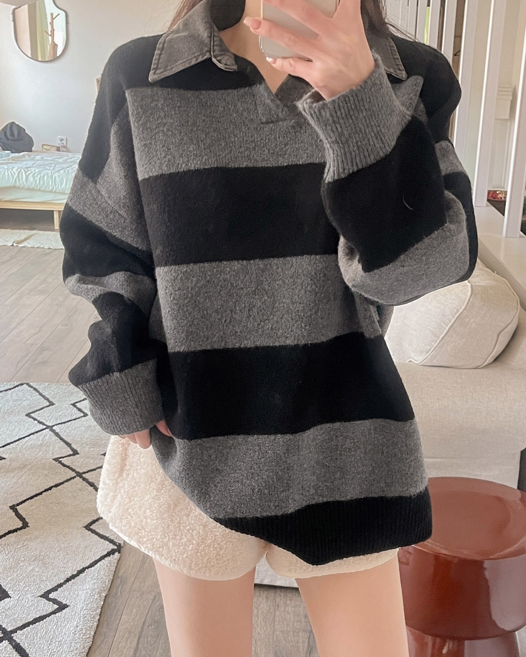 デニム襟ボーダー柄ニット韓国ファッション レディース