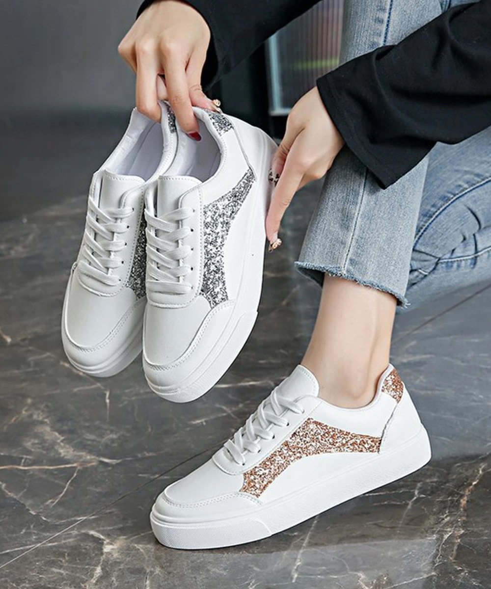 ローカットスニーカー スパンコール靴美脚 ホワイト くつ旅行 軽量疲れにくい靴白 運動スニーカー配色 4,344円