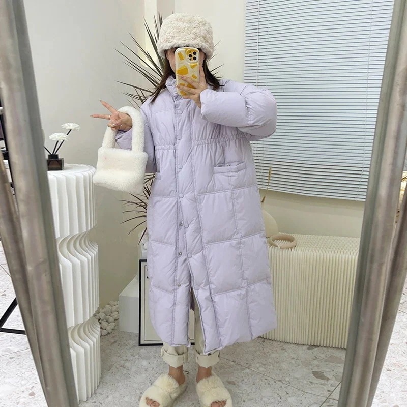 かわいい 膝丈 ロングダウンジャケット レディース 立襟 加厚 冬 防寒 ホワイトダックダウン