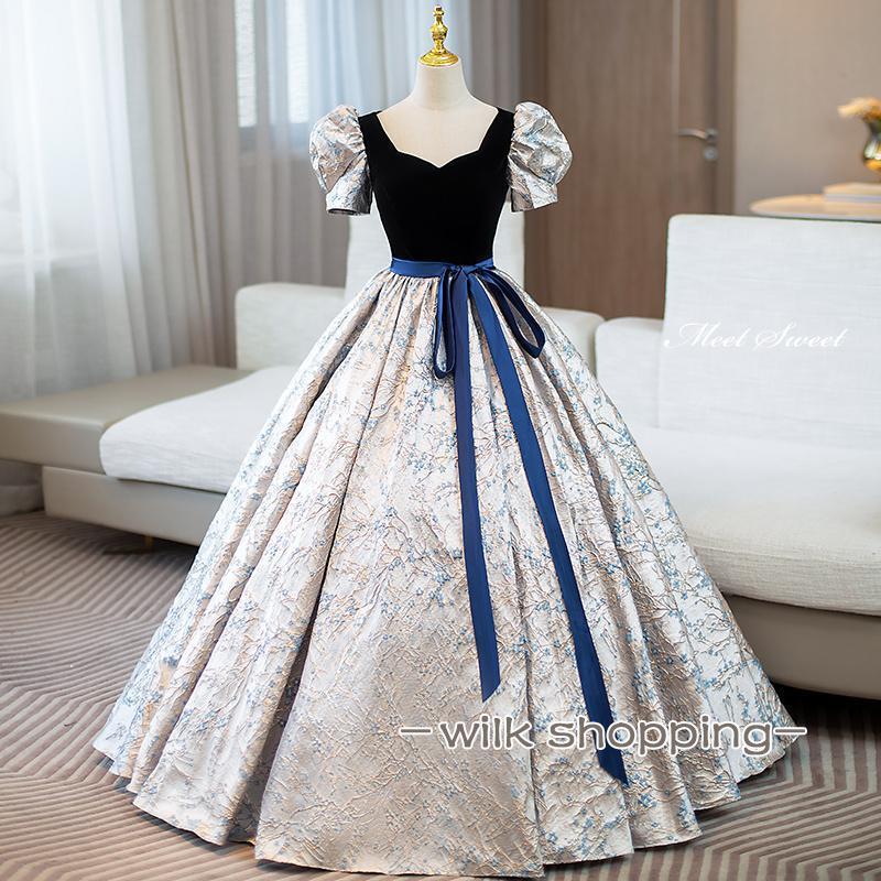 ドレス プリンセスライン ネイビー パフスリーブ 半袖 花柄 ロングドレス ウェドレス 結婚式 二次会 花嫁 前撮り 演奏会 発表会 ステージ衣装 10,192円