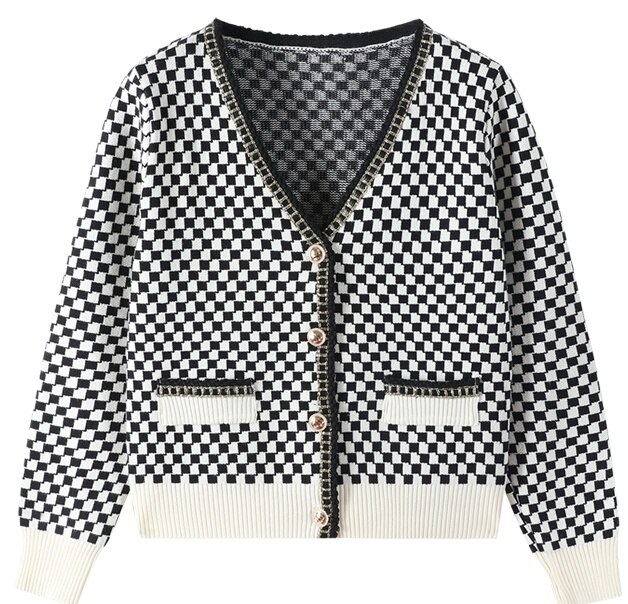 ２色 チェック柄 レトロ風 トップス ニット カーディガン 春 秋 かわいい きれいめ カジュアル ショート ショート丈 長袖 ボリューム袖 萌袖 Vネック ボタンダウン ストレート スマート 前開き