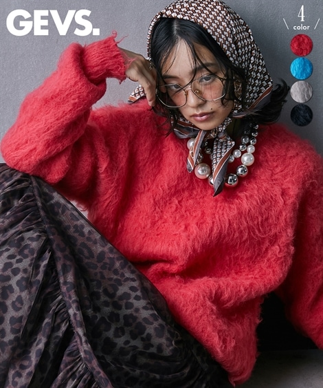 ニット シャギークルーネックニットプルオーバー GEVS. 大きいサイズ対応