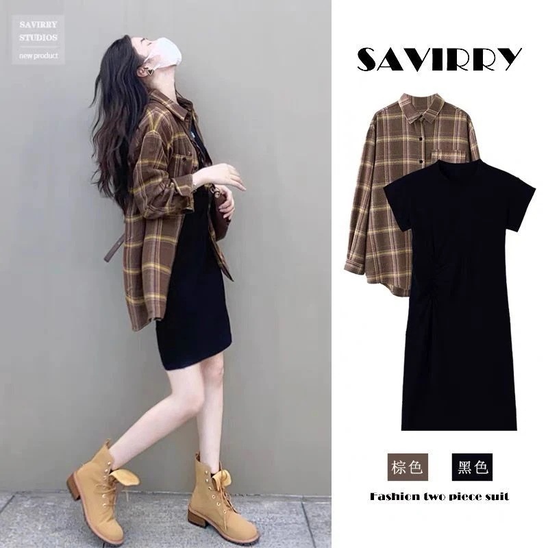新作 シャツワンピース二点セット 流行り 二点セット トップス ワンピース チェックシャツ 高級感 着痩せ 百掛け 気質 母の日