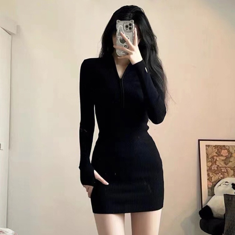 ブラックホットガールドレス女性ヒップタイトセクシーロイヤルシスタースカートスーツショートスカート秋冬長袖2025新スタイル