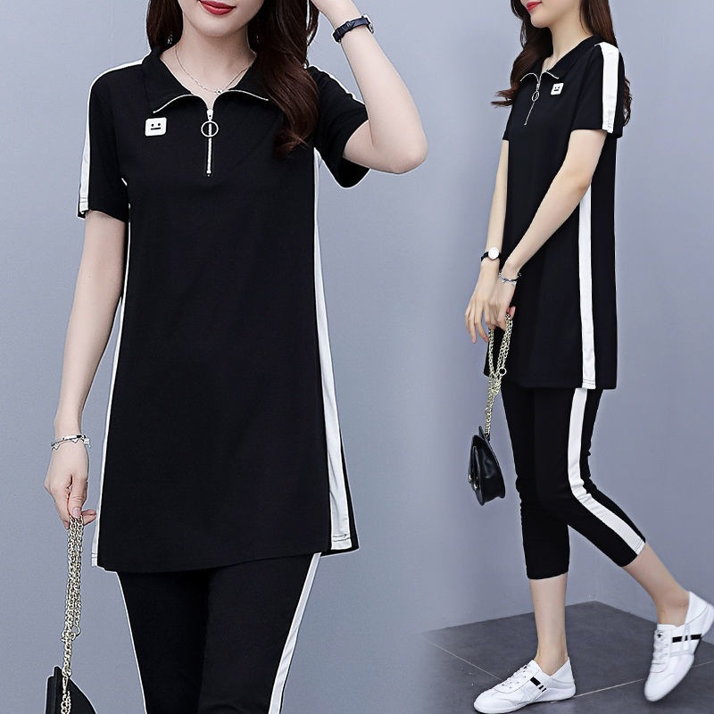 涼しく楽ちんセットアップ レディース 夏 韓国 ポロシャツ半袖ミディアムTシャツ九分パンツゆったり2着 ルームウェア セットアップ スウェット上下セット スーツ