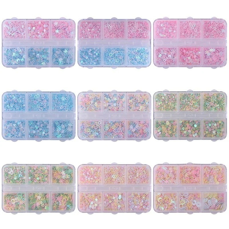 1つ買うと12つ無料ネイルアクセサリー6コマ箱入りネイルスパンコール子供り材料ハート型五角星十字星2534