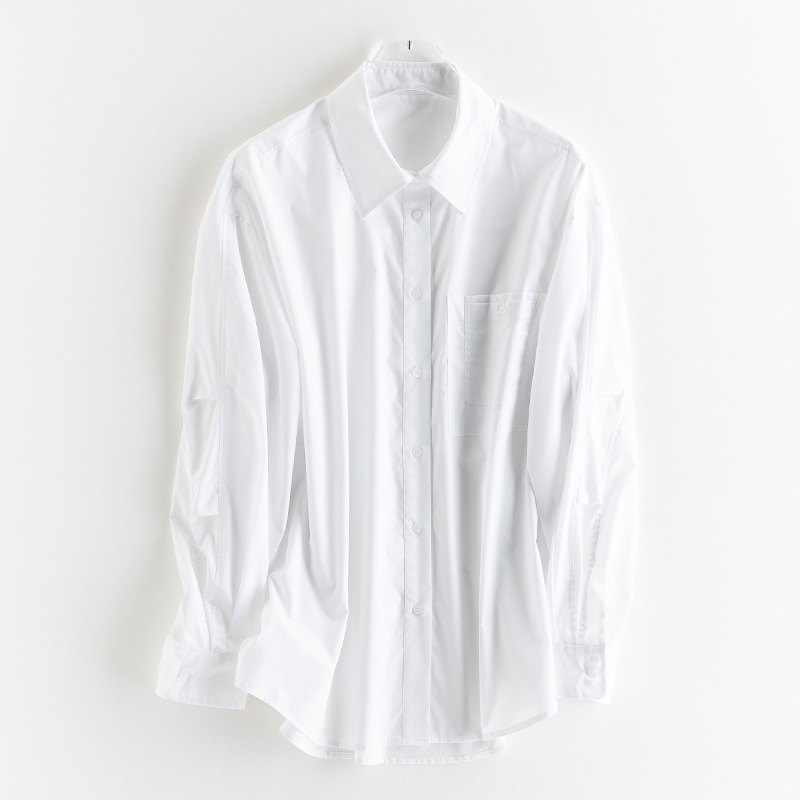 2025涼感快適シルエット開襟ポケットシャツブラウスゆったりだるさ風純色トップス