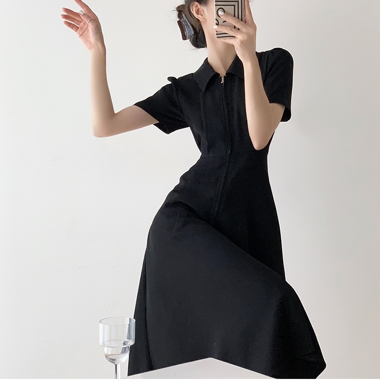 ワンピース ロングワンピース 半袖 パフスリーブ ハーフジップ ウエストマーク セミフレア かわいい 大人可愛い きれいめ シンプル 上品 おしゃれ かっこいい カジュアル こなれ感 個性的 主役級