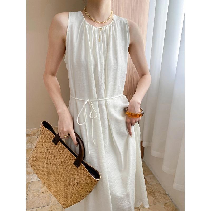 穏やかな雰囲気プリーツラウンドネックネクタイウエスト痩身ノースリーブドレスSN lounge dress compre agora cozy worldwide 走れる タイト スカート イエベ 振袖