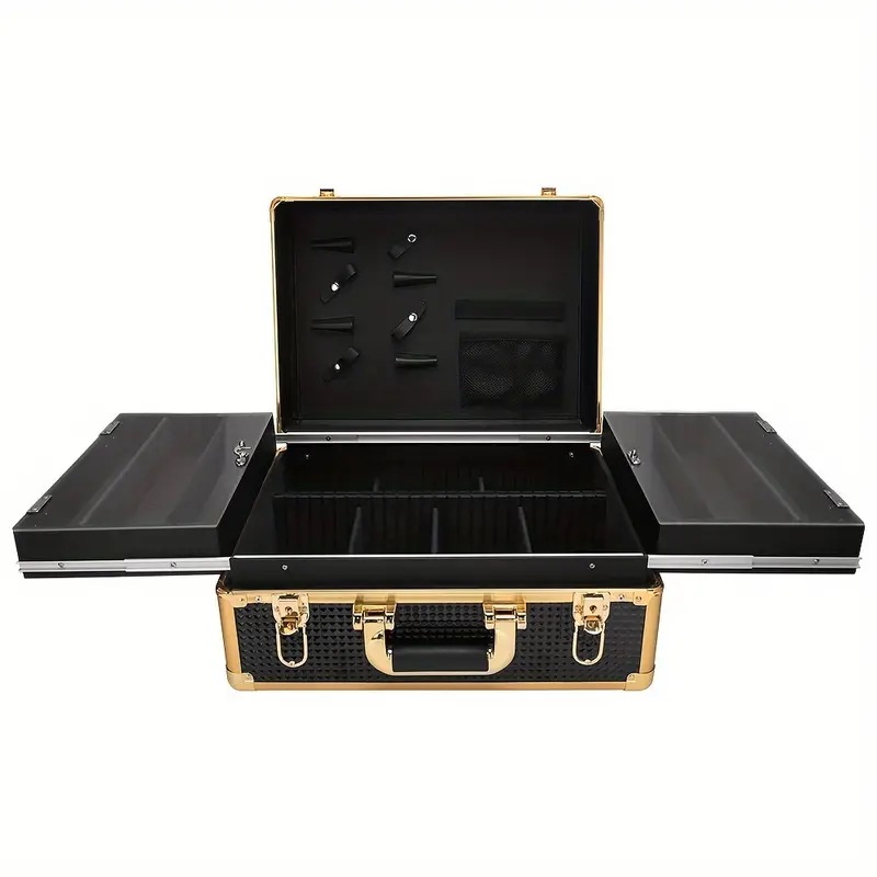 高級ブラック＆ゴールド ヘアドレッシング用品オーガナイザーボックス - 大型メイクアップトレー付き2段式多機能収納コンパートメントサロン・美容・ネイルアート・スパ用 7,273円