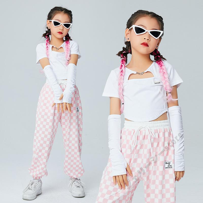 キッズダンス衣女の子舞台服セットアップへそ出しロングパンツチェック柄ホワイトトップスダンス衣ステージ服演出服子ダンス