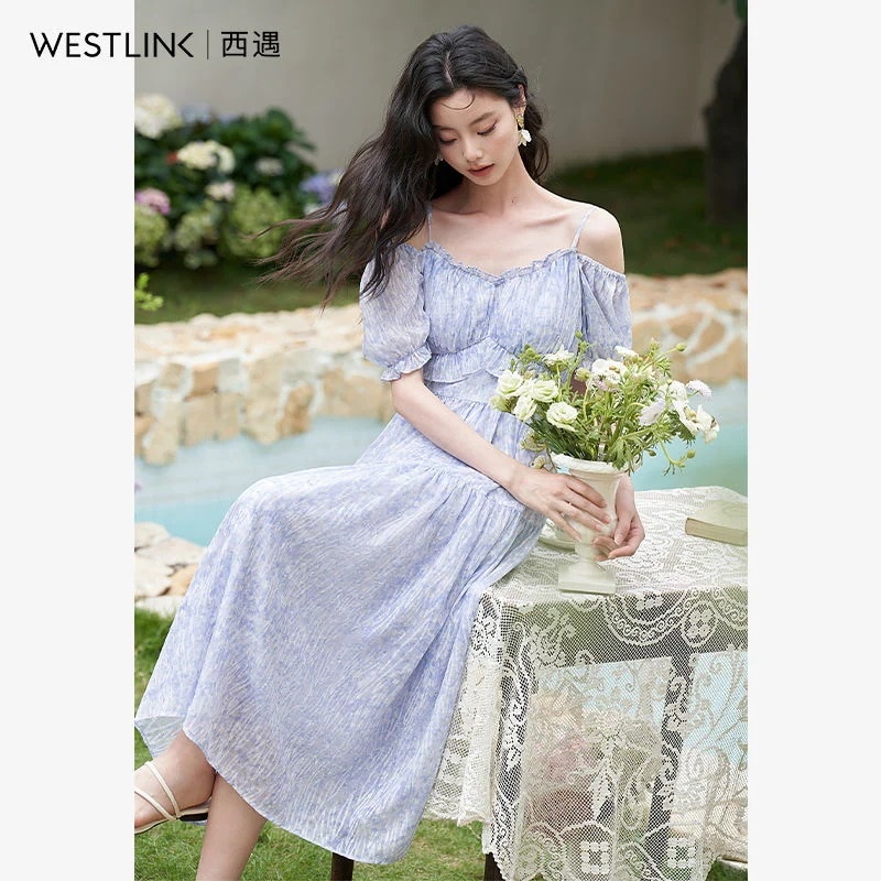 【急速出荷!】フレンチ フラワープリント オフショルダーワンピース 2025夏新作 テクスチャー レトロティードレス ワンピース ワンピース レディース ロングワンピース ワンピース 夏 パーティード