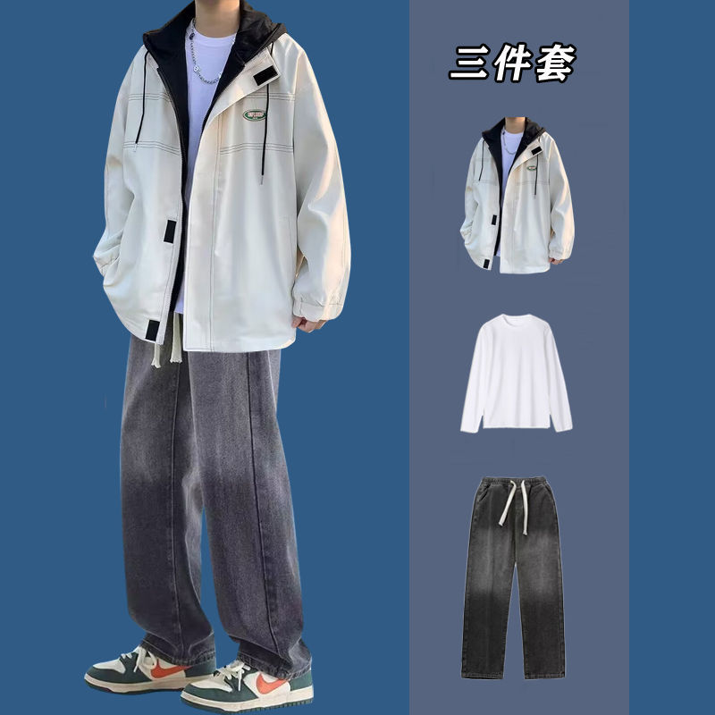 フェイクツーピースフード付きジャケットメンズ春秋スーツトレンディでハンサムなメンズスーツとジーンズスリーピーススーツ