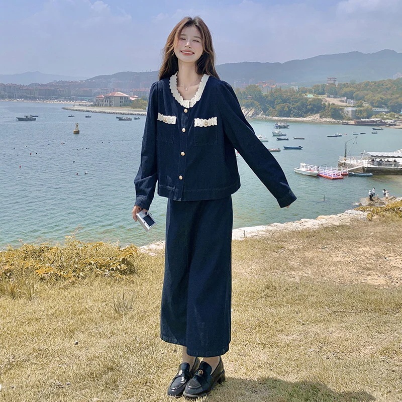 ジェントルデパートメントデニムスーツ2024新しい遊び心レジャー木耳エッジ細い半身スカート2点セット