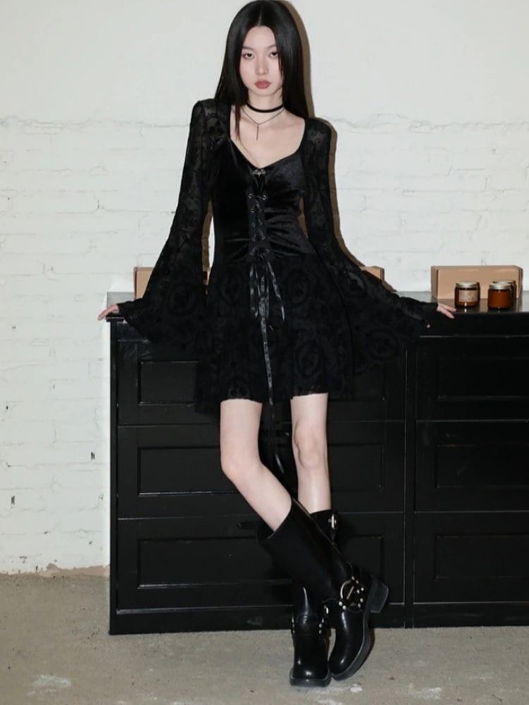 黒の長袖ヴィンテージベルベットブラックドレスハロウィンコスチュームウェアゴシック