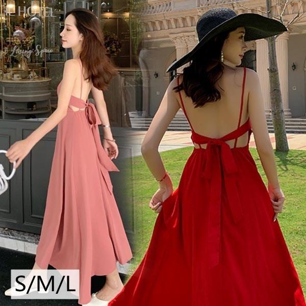 【1～3日で出荷】リゾートワンピース 肩出し ロング丈マキシ マキシワンピ キャミワンピ ワンピース 夏 バックリボン ピンク 赤 背中開き サマードレス 夏ワンピ