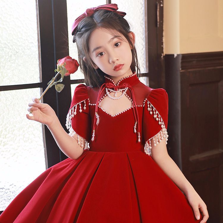 女の子のドレスプリンセスドレス2025冬の赤い花の少女誕生日ピアノパフォーマンス服