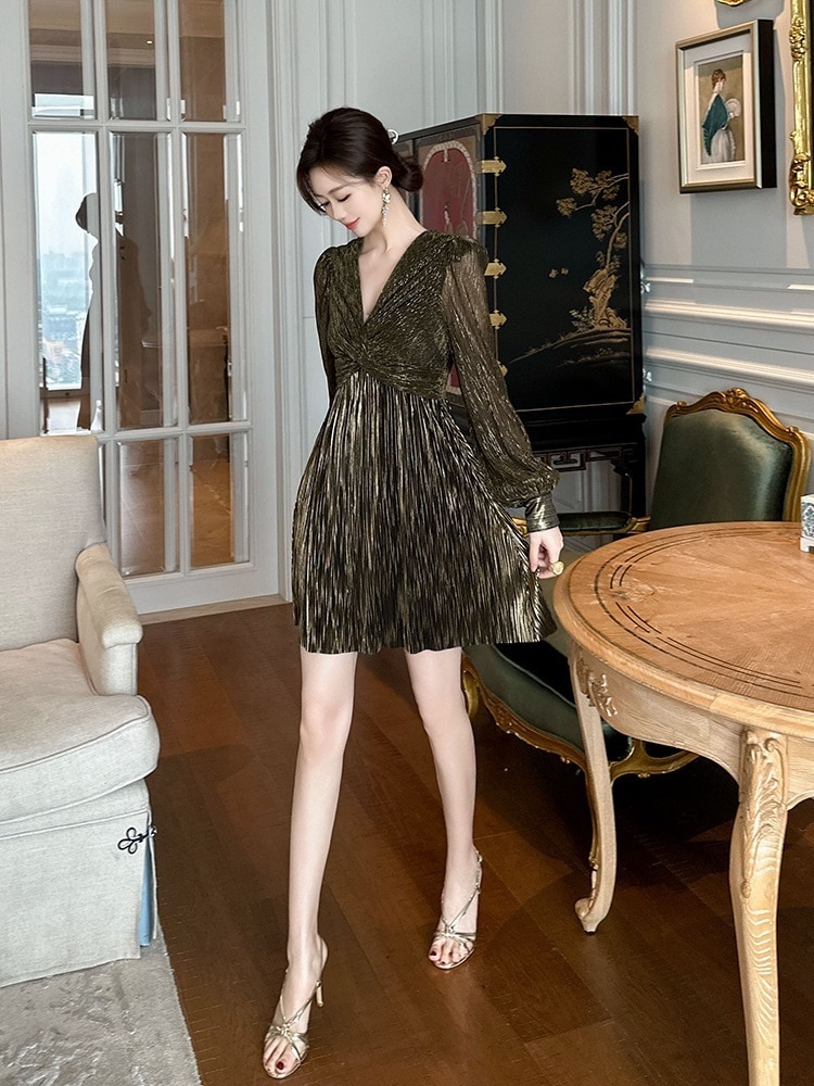 【JY.上品】 2024夏新品 Vネック ショートワンピース Aライン ハイウエスト ドレス パーティー キャバ 着痩せ 大人 同窓会 披露宴 卒業式 結婚式 演奏会 ウェディング 二次会 メガ割