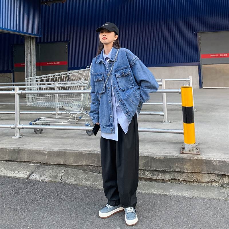 アウター ジャケット 長袖 襟付き ワイド ポケット 前開き ボタン デニム 個性的 レディース かわいい きれいめ シンプル カジュアル お洒落 かっこいい こなれ感 ラフ メンズライク ボーイッシ