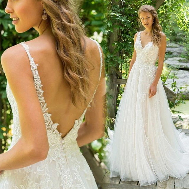 今も人気！ウエディングドレス ノースリーブ Vネック 結婚式 ワンピース フォーマル ウエディングドレス レース チュール 花嫁ドレス 背開き セクシー Aライン ホワイトドレス 海外挙式ブライダルド