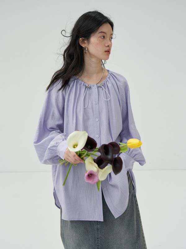 オモント エッグタルト ドローストリング 物理日焼け止め 薄手シャツ レディース 夏 ラウンドネック テクスチャ ゆったり 長袖 トップス シャツ