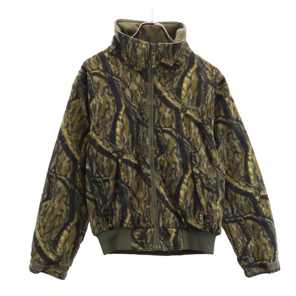 総柄 アウトドアジャケット XS カーキ系 裏フリース ブルゾン ロゴ刺繍 メンズ