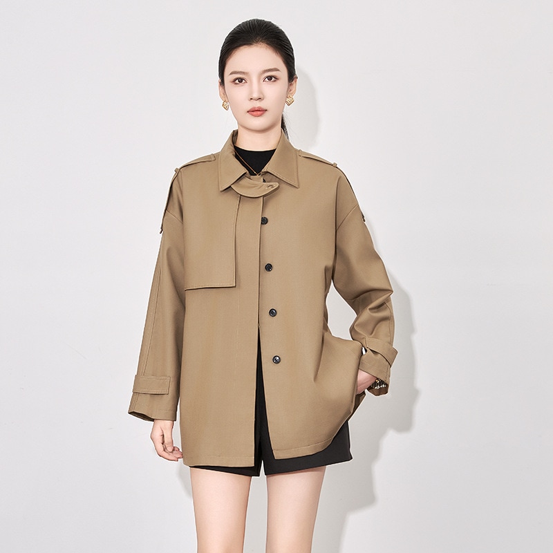 ウインドブレーカーレディースショートウインドブレーカーコートカーキの気質幅広淑女西洋風高貴なコート