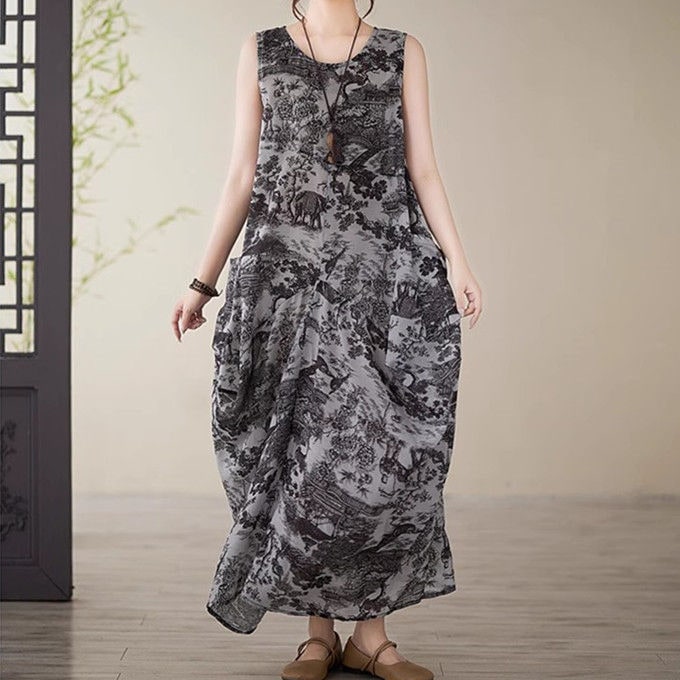 ワンピース ノースリーブ　プリントワンピース 夏 クルーネック ロング丈 マキシ丈 袖なしワンピース 花柄 キャミワンピース 体型カバー 着痩せ エスニック ゆったり 大きいサイズ 大人 キレイめ