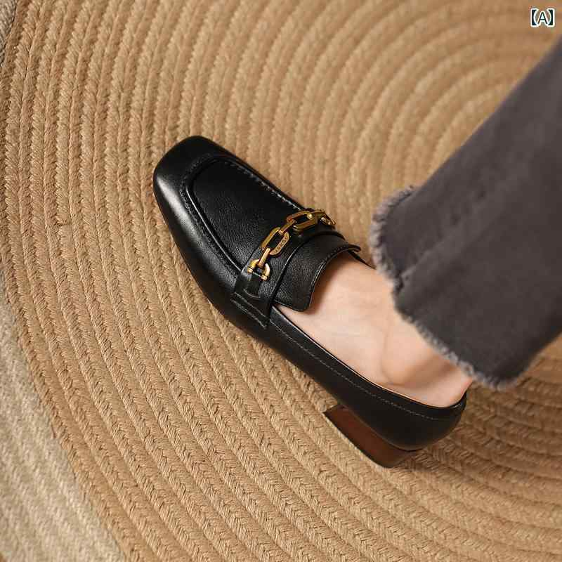 ローファー レディース オフィス 通勤 仕事 英国 レトロ 小さい 革靴 女性 春 ソフトレザー スクエアトゥ 厚手 ヒール シングル シューズ ブラウンレザー ミッド ヒール