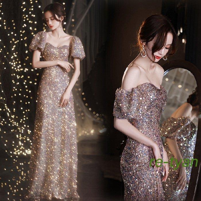 パーティードレス 結婚式 フォーマル ロング演奏会袖あり キラキラ 大きいサイズ マキシ丈ワンピースお呼ばれ 二次会 発表会 卒業会 高級上品 30代40代50代